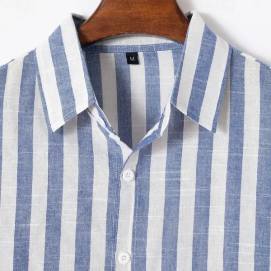Outlet OUKU Men's Shirt Linen Shirt Summer Shirt Beach Shirt Cotton Linen Shirt Striped Shirts Striped Vacation Hawaiian Yellow Red Blue Green Long Sleeve Turndown Spring & Fall Clothing Apparel Button-Down