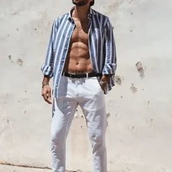 Outlet OUKU Men's Shirt Linen Shirt Summer Shirt Beach Shirt Cotton Linen Shirt Striped Shirts Striped Vacation Hawaiian Yellow Red Blue Green Long Sleeve Turndown Spring & Fall Clothing Apparel Button-Down