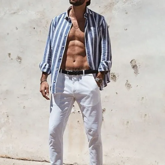 Outlet OUKU Men's Shirt Linen Shirt Summer Shirt Beach Shirt Cotton Linen Shirt Striped Shirts Striped Vacation Hawaiian Yellow Red Blue Green Long Sleeve Turndown Spring & Fall Clothing Apparel Button-Down