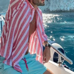 Outlet OUKU Men's Shirt Linen Shirt Summer Shirt Beach Shirt Cotton Linen Shirt Striped Shirts Striped Vacation Hawaiian Yellow Red Blue Green Long Sleeve Turndown Spring & Fall Clothing Apparel Button-Down