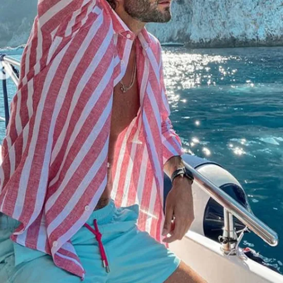 Outlet OUKU Men's Shirt Linen Shirt Summer Shirt Beach Shirt Cotton Linen Shirt Striped Shirts Striped Vacation Hawaiian Yellow Red Blue Green Long Sleeve Turndown Spring & Fall Clothing Apparel Button-Down
