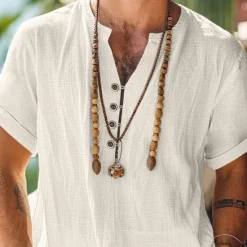 New OUKU Men's Shirt Linen Shirt Summer Shirt Beach Shirt Solid Color Vacation Curise Black Beige Short Sleeve Band Collar Summer Spring Clothing Apparel Buttons