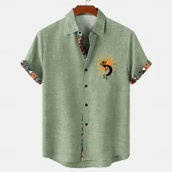 Best OUKU Men's Shirt Linen Shirt Summer Hawaiian Shirt Retro Shirts Vintage Shirt Ethnic Shirt Daily Light Green Blue Sky Blue Brown Short Sleeve Turndown Summer Spring Clothing Apparel