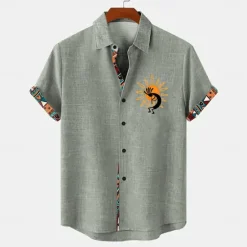 Best OUKU Men's Shirt Linen Shirt Summer Hawaiian Shirt Retro Shirts Vintage Shirt Ethnic Shirt Daily Light Green Blue Sky Blue Brown Short Sleeve Turndown Summer Spring Clothing Apparel