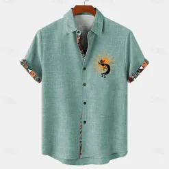 Best OUKU Men's Shirt Linen Shirt Summer Hawaiian Shirt Retro Shirts Vintage Shirt Ethnic Shirt Daily Light Green Blue Sky Blue Brown Short Sleeve Turndown Summer Spring Clothing Apparel