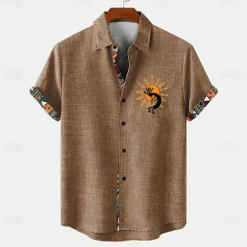 Best OUKU Men's Shirt Linen Shirt Summer Hawaiian Shirt Retro Shirts Vintage Shirt Ethnic Shirt Daily Light Green Blue Sky Blue Brown Short Sleeve Turndown Summer Spring Clothing Apparel