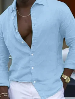 Sale OUKU Men's Shirt Linen Shirt Summer Shirt Beach Shirt Plain Hawaiian Holiday Black White Pink Navy Blue Long Sleeve Lapel Spring & Summer Clothing Apparel Basic