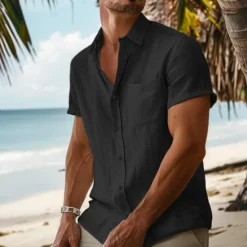 Online OUKU Men's Shirt Linen Shirt Summer Shirt Beach Wear Summer Hawaiian Shirt Button Up Shirt Solid Color Vacation Curise Black White Blue Light Grey Short Sleeve Fold-over Collar Spring & Summer Clothing