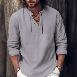 OUKU Men's Shirt Linen Shirt Viking Style Pirate Shirt Summer Shirt Beach Wear Black White Pink Blue Long Sleeve Plain V Neck Spring & Summer Casual Daily Clothing Apparel Lace up