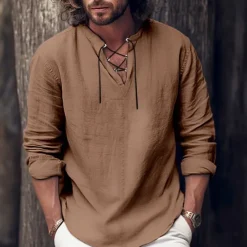 OUKU Men's Shirt Linen Shirt Viking Style Pirate Shirt Summer Shirt Beach Wear Black White Pink Blue Long Sleeve Plain V Neck Spring & Summer Casual Daily Clothing Apparel Lace up