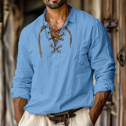 Outlet OUKU Men's Shirt Linen Shirt Viking Style Pirate Shirt Summer Shirt Beach Wear White Orange Green Light Blue Long Sleeve Solid Color Collarless Street Daily Clothing Apparel