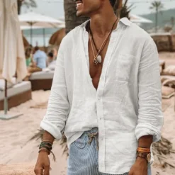Discount OUKU Men's Shirt Linen Shirt White Blue Brown Long Sleeve Solid Color Collar All Seasons Street Daily Clothing Apparel