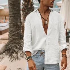 Discount OUKU Men's Shirt Linen Shirt White Blue Brown Long Sleeve Solid Color Collar All Seasons Street Daily Clothing Apparel
