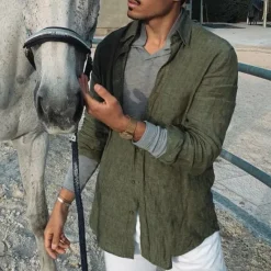 Discount OUKU Men's Shirt Linen Shirt White Blue Brown Long Sleeve Solid Color Collar All Seasons Street Daily Clothing Apparel