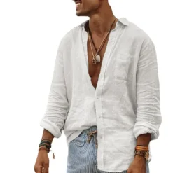 Discount OUKU Men's Shirt Linen Shirt White Blue Brown Long Sleeve Solid Color Collar All Seasons Street Daily Clothing Apparel