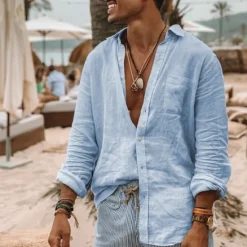 Discount OUKU Men's Shirt Linen Shirt White Blue Brown Long Sleeve Solid Color Collar All Seasons Street Daily Clothing Apparel