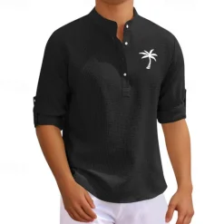 Discount OUKU Men's Shirt Minimalist Aloha Shirt Summer Shirt Casual Shirt Beach Shirt Button Up Shirt Black White Dark Navy Blue Green Long Sleeve Printed Standing Collar Vacation Hawaiian Button-Down Clothing