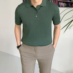 Hot OUKU Men's Shirt Polo Shirt Outdoor Business Polo Collar Classic Short Sleeve Streetwear Stylish Plain Modern Style Summer Slim Fit Deep Green Matt black Brown Shirt
