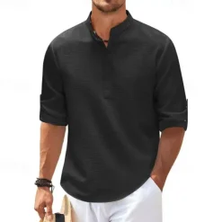 Best OUKU Men's Shirt Popover Shirt Summer Shirt Casual Shirt Beach Shirt Waffle Knit Shirt Black White Blue Sky Blue Army Green Long Sleeve Plain Stand Collar Vacation Hawaiian Buttons Clothing Apparel
