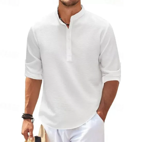 Best OUKU Men's Shirt Popover Shirt Summer Shirt Casual Shirt Beach Shirt Waffle Knit Shirt Black White Blue Sky Blue Army Green Long Sleeve Plain Stand Collar Vacation Hawaiian Buttons Clothing Apparel