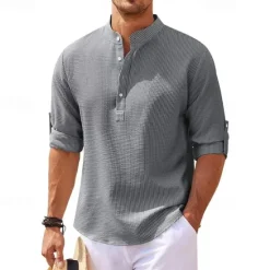 Best OUKU Men's Shirt Popover Shirt Summer Shirt Casual Shirt Beach Shirt Waffle Knit Shirt Black White Blue Sky Blue Army Green Long Sleeve Plain Stand Collar Vacation Hawaiian Buttons Clothing Apparel