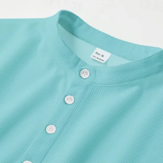 Best OUKU Men's Shirt Popover Shirt Summer Shirt Casual Shirt Beach Shirt Waffle Knit Shirt Black White Blue Sky Blue Army Green Long Sleeve Plain Stand Collar Vacation Hawaiian Buttons Clothing Apparel