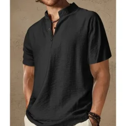 Hot OUKU Men's Shirt Popover Shirt Summer Shirt Casual Shirt Beach Shirt Black Brown Short Sleeve Plain Band Collar Vacation Hawaiian Clothing Apparel Polyester Fashion Casual Comfortable