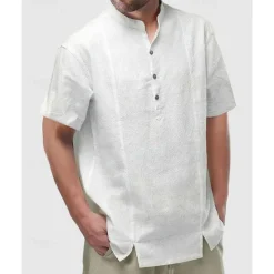 Hot OUKU Men's Shirt Popover Shirt Summer Shirt Casual Shirt Beach Shirt Black White Yellow Short Sleeve Plain Band Collar Vacation Hawaiian Buttons Clothing Apparel Polyester Fashion Casual Comfortable