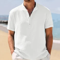 Outlet OUKU Men's Shirt Popover Shirt Summer Shirt Casual Shirt Beach Shirt Black White Navy Blue khaki Light Grey Short Sleeve Plain Band Collar Vacation Hawaiian Clothing Apparel Polyester Fashion Casual