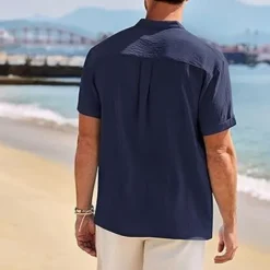 Outlet OUKU Men's Shirt Popover Shirt Summer Shirt Casual Shirt Beach Shirt Black White Navy Blue khaki Light Grey Short Sleeve Plain Band Collar Vacation Hawaiian Clothing Apparel Polyester Fashion Casual