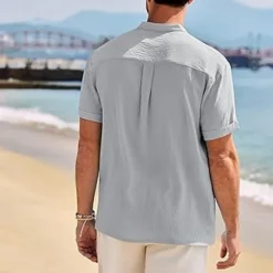 Outlet OUKU Men's Shirt Popover Shirt Summer Shirt Casual Shirt Beach Shirt Black White Navy Blue khaki Light Grey Short Sleeve Plain Band Collar Vacation Hawaiian Clothing Apparel Polyester Fashion Casual