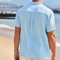 Outlet OUKU Men's Shirt Popover Shirt Summer Shirt Casual Shirt Beach Shirt Black White Navy Blue khaki Light Grey Short Sleeve Plain Band Collar Vacation Hawaiian Clothing Apparel Polyester Fashion Casual