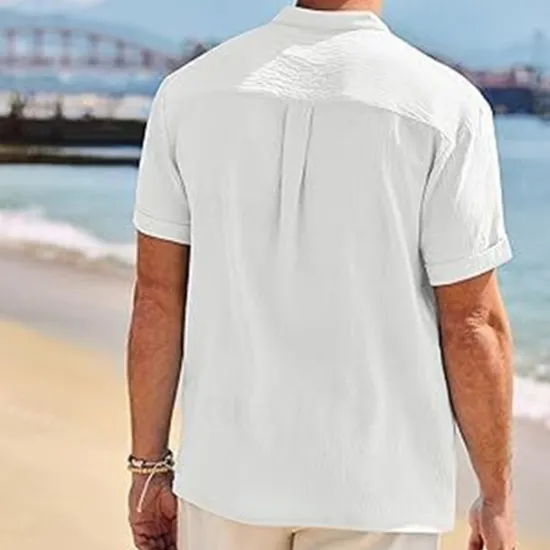 Outlet OUKU Men's Shirt Popover Shirt Summer Shirt Casual Shirt Beach Shirt Black White Navy Blue khaki Light Grey Short Sleeve Plain Band Collar Vacation Hawaiian Clothing Apparel Polyester Fashion Casual