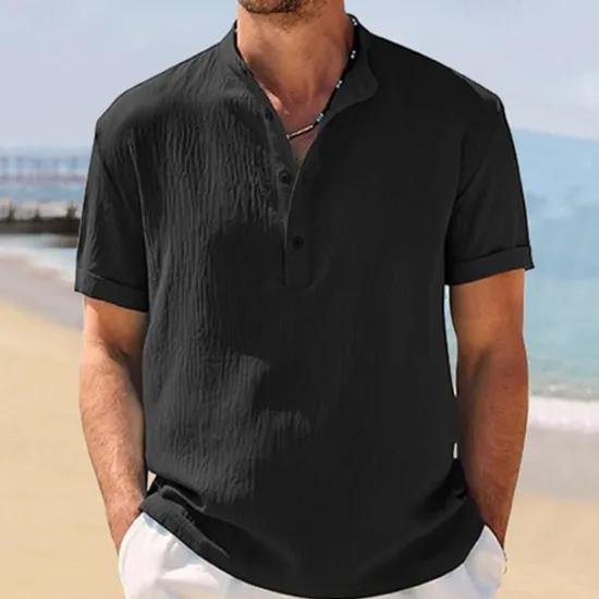 Outlet OUKU Men's Shirt Popover Shirt Summer Shirt Casual Shirt Beach Shirt Black White Navy Blue khaki Light Grey Short Sleeve Plain Band Collar Vacation Hawaiian Clothing Apparel Polyester Fashion Casual