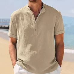 Outlet OUKU Men's Shirt Popover Shirt Summer Shirt Casual Shirt Beach Shirt Black White Navy Blue khaki Light Grey Short Sleeve Plain Band Collar Vacation Hawaiian Clothing Apparel Polyester Fashion Casual