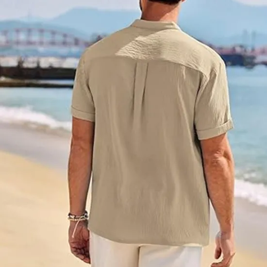 Outlet OUKU Men's Shirt Popover Shirt Summer Shirt Casual Shirt Beach Shirt Black White Navy Blue khaki Light Grey Short Sleeve Plain Band Collar Vacation Hawaiian Clothing Apparel Polyester Fashion Casual