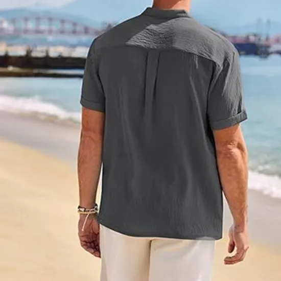Outlet OUKU Men's Shirt Popover Shirt Summer Shirt Casual Shirt Beach Shirt Black White Navy Blue khaki Light Grey Short Sleeve Plain Band Collar Vacation Hawaiian Clothing Apparel Polyester Fashion Casual