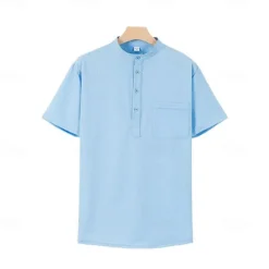 OUKU Men's Shirt Popover Shirt Summer Shirt Casual Shirt Button Up Shirt Black White Blue Green khaki Short Sleeve Classic Solid / Plain Color Band Collar Henley Vacation Hawaiian Buckle Clothing Apparel