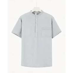 OUKU Men's Shirt Popover Shirt Summer Shirt Casual Shirt Button Up Shirt Black White Blue Green khaki Short Sleeve Classic Solid / Plain Color Band Collar Henley Vacation Hawaiian Buckle Clothing Apparel