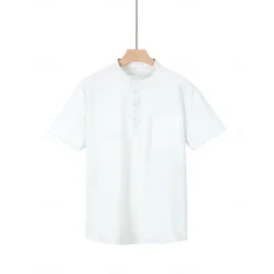 OUKU Men's Shirt Popover Shirt Summer Shirt Casual Shirt Button Up Shirt Black White Blue Green khaki Short Sleeve Classic Solid / Plain Color Band Collar Henley Vacation Hawaiian Buckle Clothing Apparel