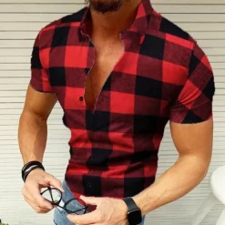 Sale OUKU Men's Shirt Popover Shirt Summer Shirt Button Up Shirt Plaid Shirt Wine Black Yellow Red Green Short Sleeve Graphic Plaid / Check Lattice Turndown Hot Stamping Street Casual Print Clothing Apparel