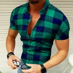 Sale OUKU Men's Shirt Popover Shirt Summer Shirt Button Up Shirt Plaid Shirt Wine Black Yellow Red Green Short Sleeve Graphic Plaid / Check Lattice Turndown Hot Stamping Street Casual Print Clothing Apparel