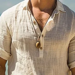 Sale OUKU Men's Shirt Popover Shirt Casual Shirt Cotton Shirt Plain Vacation Hawaiian Long Sleeve Lapel Summer Spring Clothing Apparel Khaki