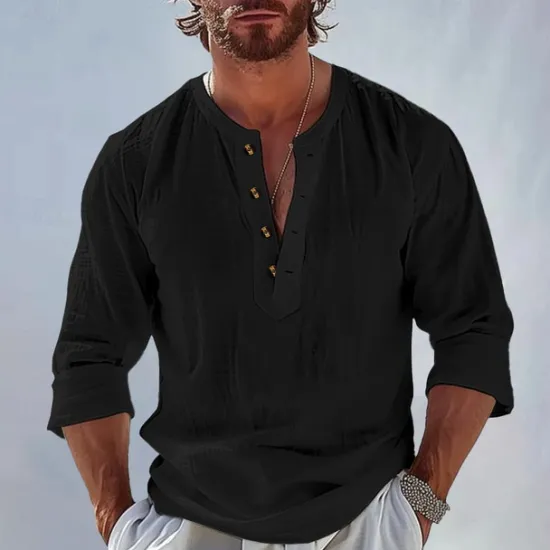 Outlet OUKU Men's Shirt Popover Shirt Summer Shirt Beach Wear Plain Vacation Casual Black White Sky Blue Apricot Long Sleeve Band Collar Spring & Summer Clothing Apparel