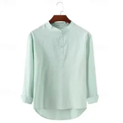 OUKU Men's Shirt Popover Shirt Summer Shirt Casual Shirt Beach Shirt Black White Light Green Light Blue Long Sleeve Plain Band Collar Vacation Hawaiian Button-Down Clothing Apparel Cotton Cotton Blend