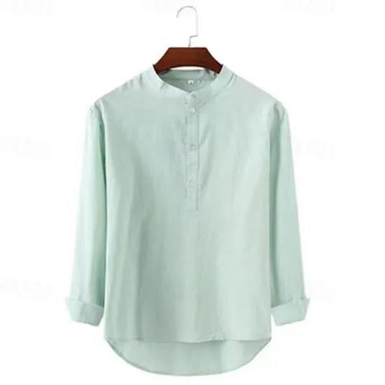 OUKU Men's Shirt Popover Shirt Summer Shirt Casual Shirt Beach Shirt Black White Light Green Light Blue Long Sleeve Plain Band Collar Vacation Hawaiian Button-Down Clothing Apparel Cotton Cotton Blend