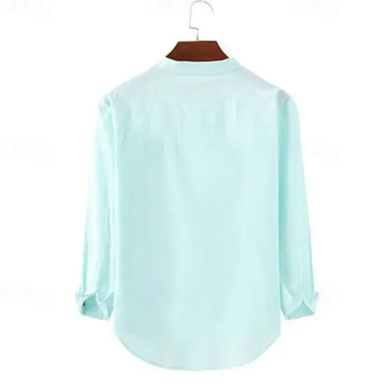 OUKU Men's Shirt Popover Shirt Summer Shirt Casual Shirt Beach Shirt Black White Light Green Light Blue Long Sleeve Plain Band Collar Vacation Hawaiian Button-Down Clothing Apparel Cotton Cotton Blend