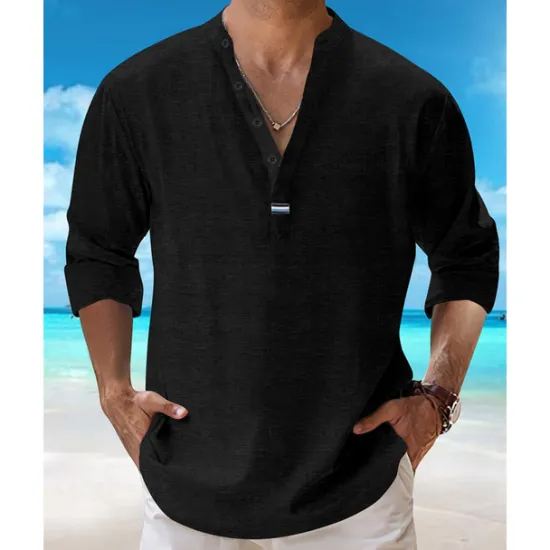 Best OUKU Men's Shirt Popover Shirt Summer Shirt Casual Shirt Beach Shirt Black White Pink Navy Blue Sky Blue Long Sleeve Plain Lapel Vacation Hawaiian Clothing Apparel Cotton Blend Fashion Casual Comfortable