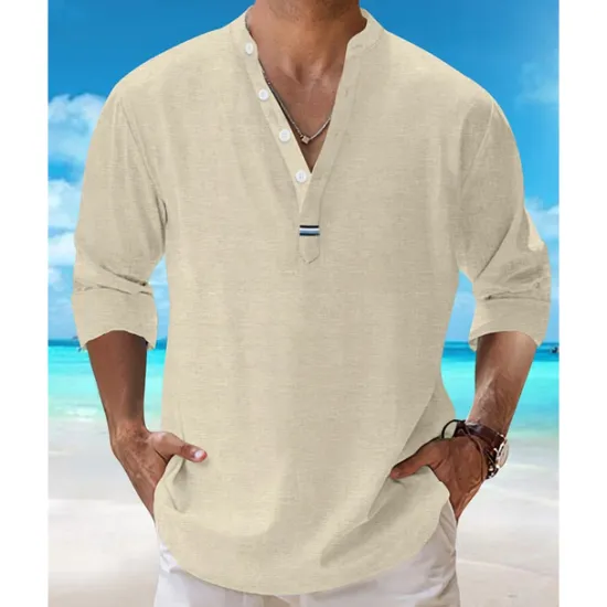 Best OUKU Men's Shirt Popover Shirt Summer Shirt Casual Shirt Beach Shirt Black White Pink Navy Blue Sky Blue Long Sleeve Plain Lapel Vacation Hawaiian Clothing Apparel Cotton Blend Fashion Casual Comfortable