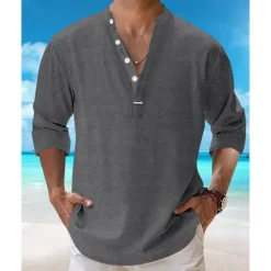Best OUKU Men's Shirt Popover Shirt Summer Shirt Casual Shirt Beach Shirt Black White Pink Navy Blue Sky Blue Long Sleeve Plain Lapel Vacation Hawaiian Clothing Apparel Cotton Blend Fashion Casual Comfortable